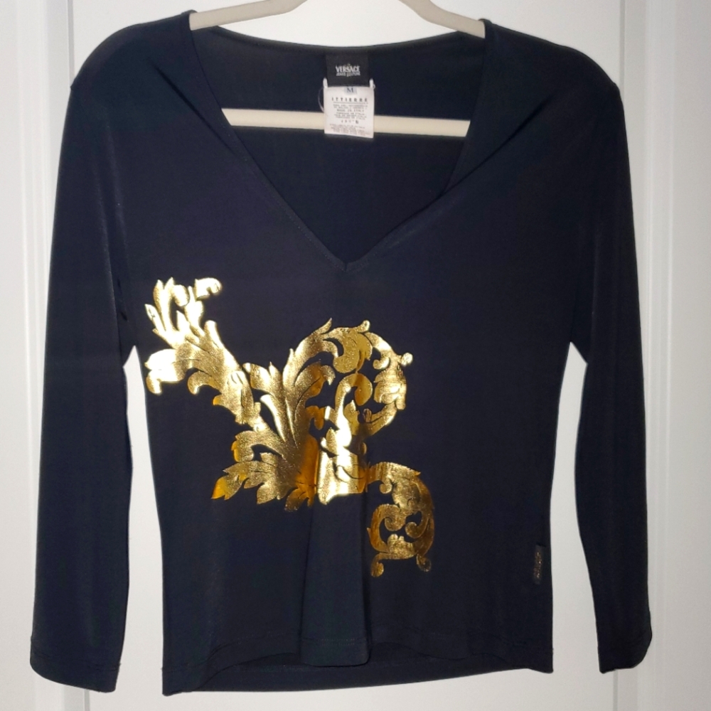 RARE Versace Jeans Couture Gold Scroll, Black top, Medium.